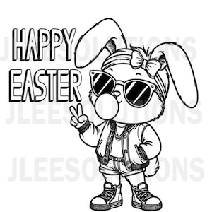 Puede incluir: Ilustración en blanco y negro de un conejo de Pascua genial con gafas de sol, una chaqueta, pantalones cortos y zapatillas, soplando una burbuja y haciendo el signo de la paz. Las palabras "HAPPY EASTER" están encima del conejo.