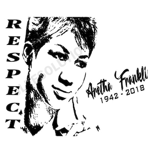 Puede incluir: Ilustración en blanco y negro de Aretha Franklin, cantante, con la palabra "RESPECT" en letras negritas en el lado izquierdo de la imagen y el texto "Aretha Franklin 1942-2018" en el lado derecho de la imagen.