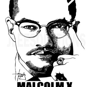 Può includere: Ritratto in bianco e nero di Malcolm X, un importante attivista per i diritti civili, realizzato con linee. L'immagine mostra un primo piano del suo viso, inclusi i suoi occhiali, i baffi e un anello al dito. Il testo "MALCOLM X" e "MAY 19, 1925 - FEBRUARY 21, 1965" è incluso sotto il ritratto.