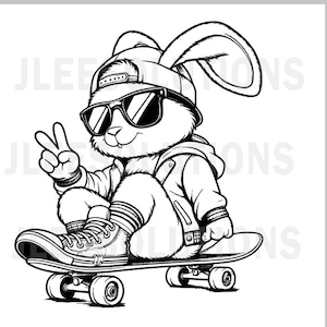 May include: A black and white illustration of a rabbit wearing a baseball cap, sunglasses, and a jacket, riding a skateboard with one hand in the air making a peace sign.