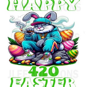 Puede incluir: Ilustración digital de un conejo gris con un chándal turquesa, gorra y cadena dorada, fumando un cigarrillo. Las palabras "HAPPY" y "420 EASTER" están en verde. Huevos de Pascua coloridos y zapatillas completan el diseño.
