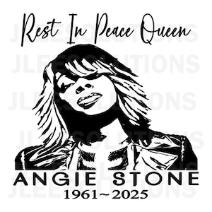 Op de afbeelding: Zwart-witte silhouet van een vrouw met de tekst "Rest in Peace Queen Angie Stone 1961-2025" eronder.