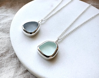 Blue Seaham Sea Glass Anhänger Halskette - 925 Sterling Silber