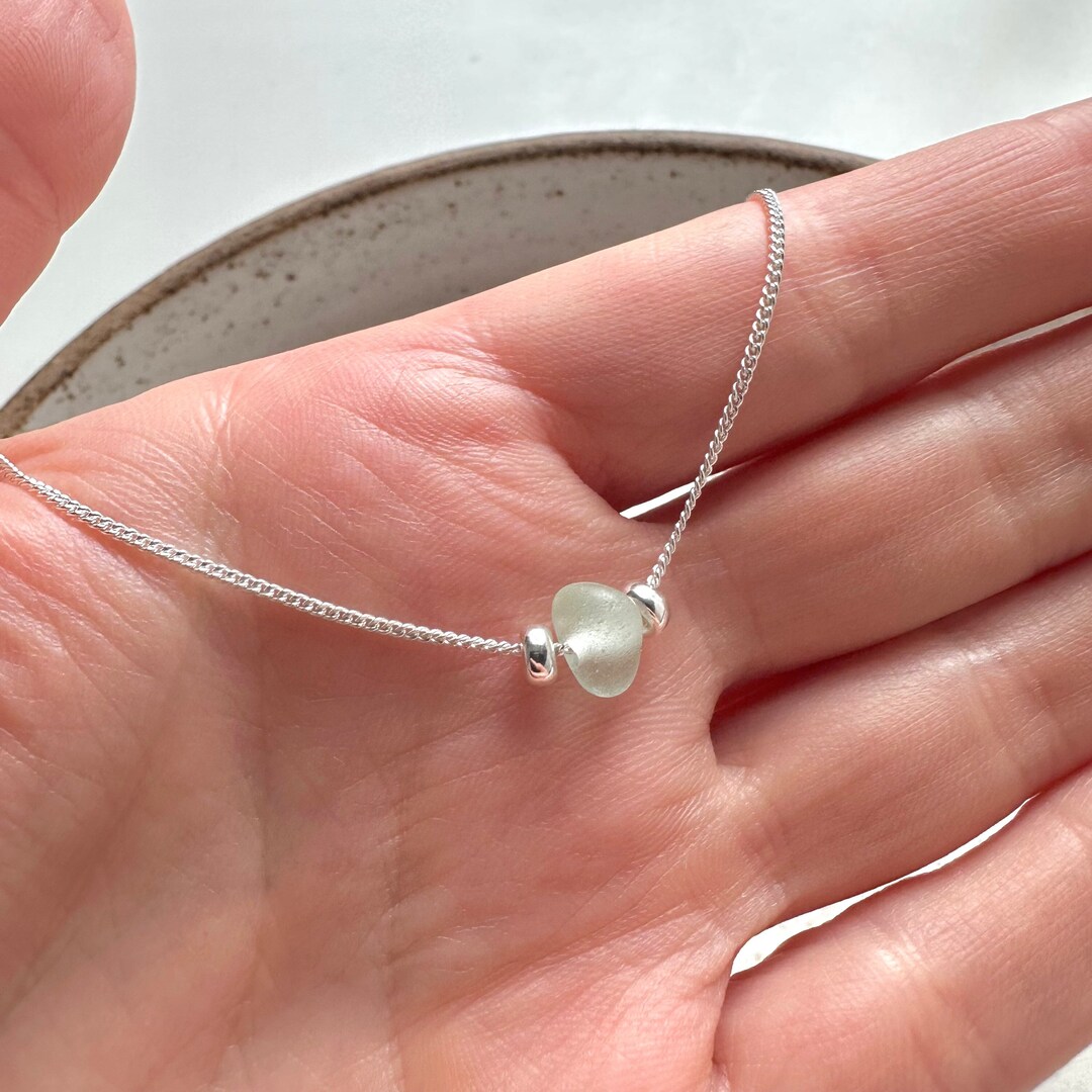 Dainty Sea Glass Necklace With Silver Beads, Sterling Silver Necklace