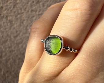 Seaham Green Sea Glass Ring | Sterling Silver Pebble Band