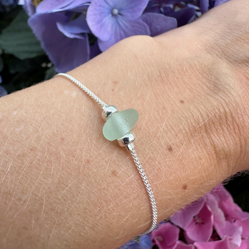 Dainty Sterling Silver Sea Glass Bracelet | Delicate Beach Jewelry image 2