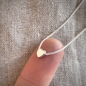 Puede incluir: Un delicado collar de plata con un pequeño colgante en forma de corazón.