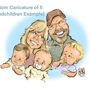 Custom Caricature of 5 - Portrait of your family, friends, pets, etc.