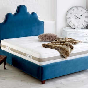 May include: A blue velvet bed frame with a tufted headboard and a white mattress. The bed is styled with a faux fur throw and a decorative pillow.
