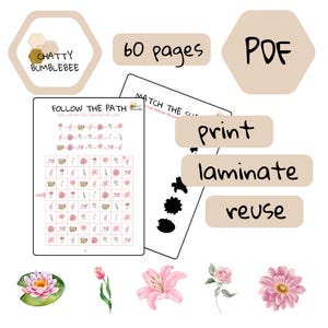 May include: A 60-page PDF educational activity set featuring floral-themed worksheets. Includes a 'Follow the Path' page with pink flower illustrations, a 'Match the Shape' page, and individual watercolor flower graphics for print, laminate, and reuse.