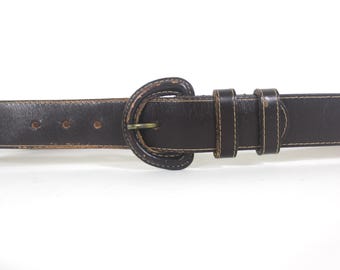 28”-32” Vintage Dark Brown Bridle Leather Belt with Self Covered Buckle Distressed Worn In