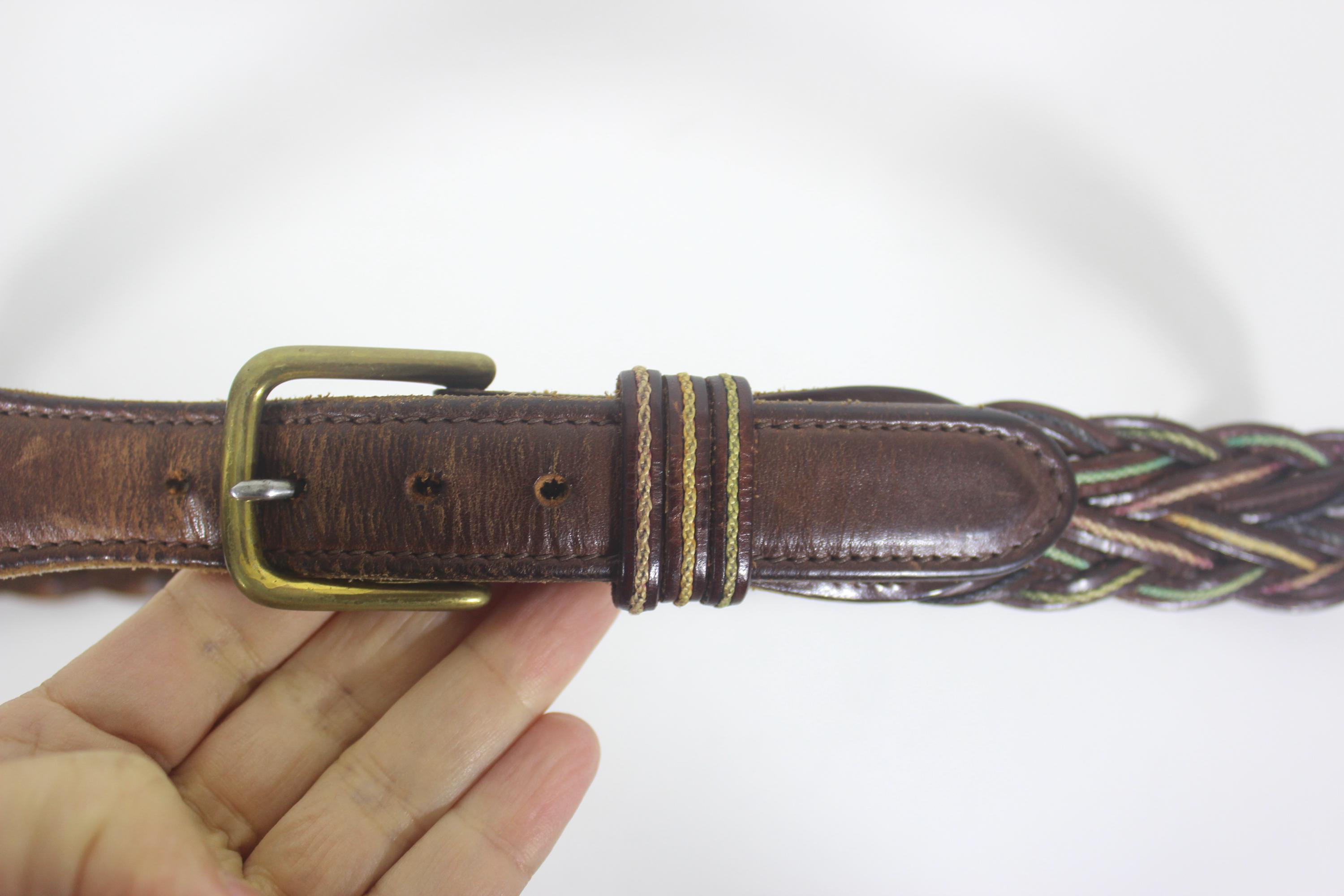 Vintage Braided Woven Leather Belt Darkened Brass Tone Buckle Dark Brown Medium 90s Brown Leather Braided Belt, Brass Buckle - Plus Size  main image 4