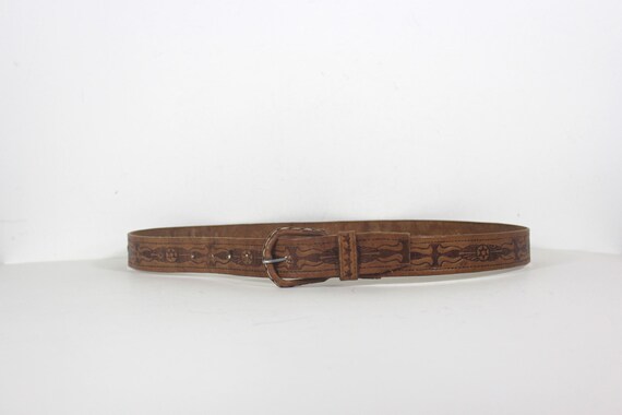 28”-42” Vintage Handmade Tooled Natural Thick Tan Leather Belt with Self Covered Leather Buckle View 2