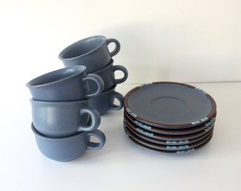 Set of Six Dansk Mesa Blue Cups and Saucers, Coffee Tea, Vintage from the 90’s , Sky Blue, Set of 6, Shallow Speckled Blue With Striped Rims