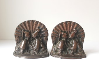 Serre-livres vintage Bronze Lovers, Couple Book Ends, Décor de bureau, Cadeau de style chinoiserie, Paire de serre-livres lourds Magnifique patine antique asiatique