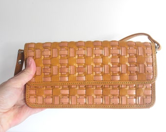 Vintage  Small Woven Leather Clutch Handbag, Two Tone Mustard Yellow and Blush Tan Purse