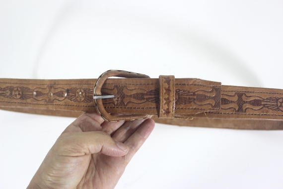 28”-42” Vintage Handmade Tooled Natural Thick Tan Leather Belt with Self Covered Leather Buckle View 3