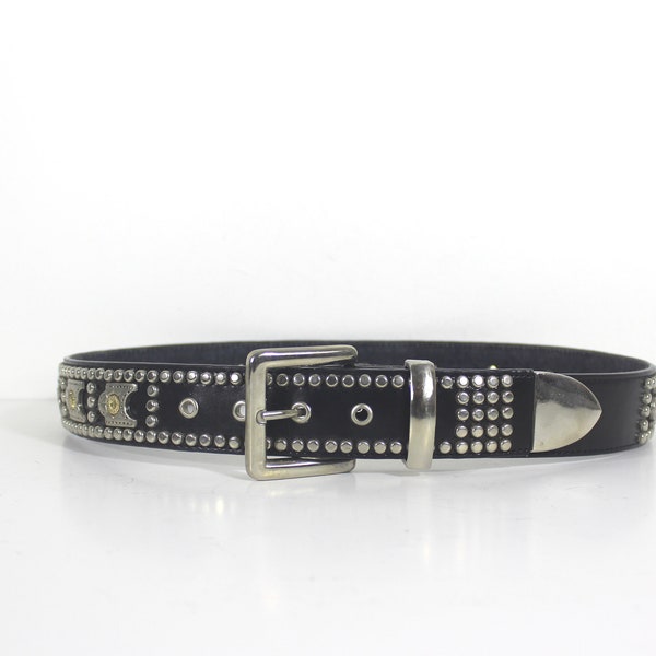 30”-34” Unisex Moto Biker Black Leather Belt with Studs, Silver Tip and Gold Details Western