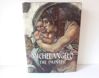 Michelangelo The Painter 1964 Hard Cover Coffee Table Art Book, Vintage Hardcover Green Linen Gold, Dust Jacket, Collector, Styling Staging