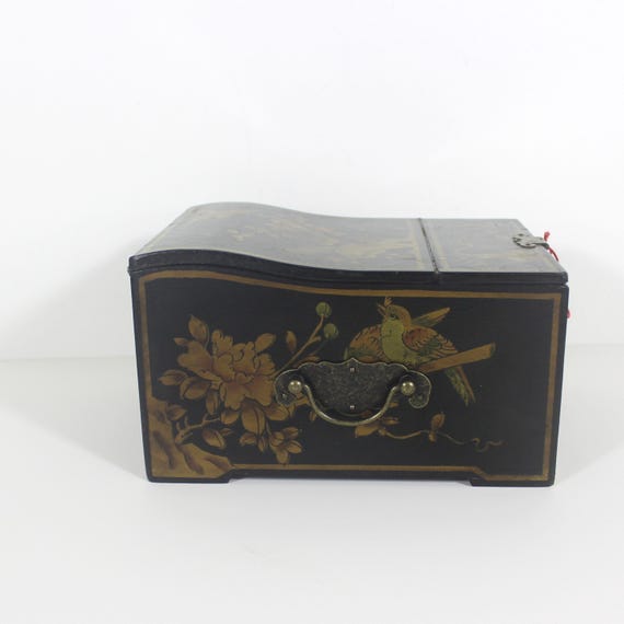 Vintage Lacquered Jewellery Box with Drawers and a Folding Mirror Black with Gold Birds and Floral Detail and Brass View 4