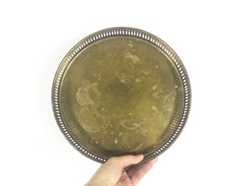 Vintage Brass Tray, Round Gallery Tray with Pierced Cutout Details 10” Bar Drinks