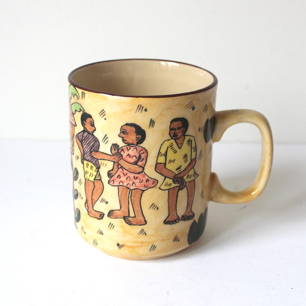 Vintage Outsider Art Mug, Handmade Pottery Coffee Cup, Signed, Artisan, One of a Kind, Special for Coffee Lover, Hand Painted Haitian Haiti