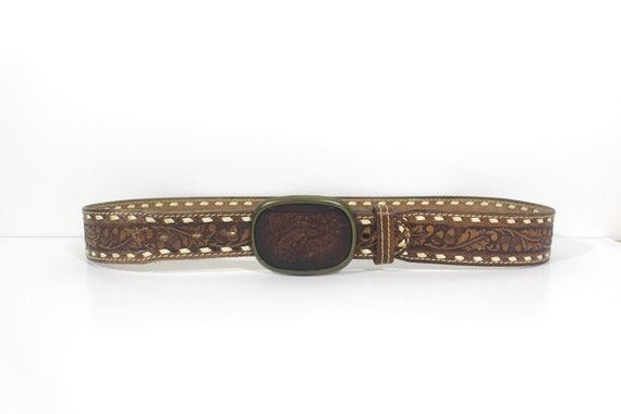 34”-41” Leather Fish Belt Tooled Leather, Tan Wes… - image 5