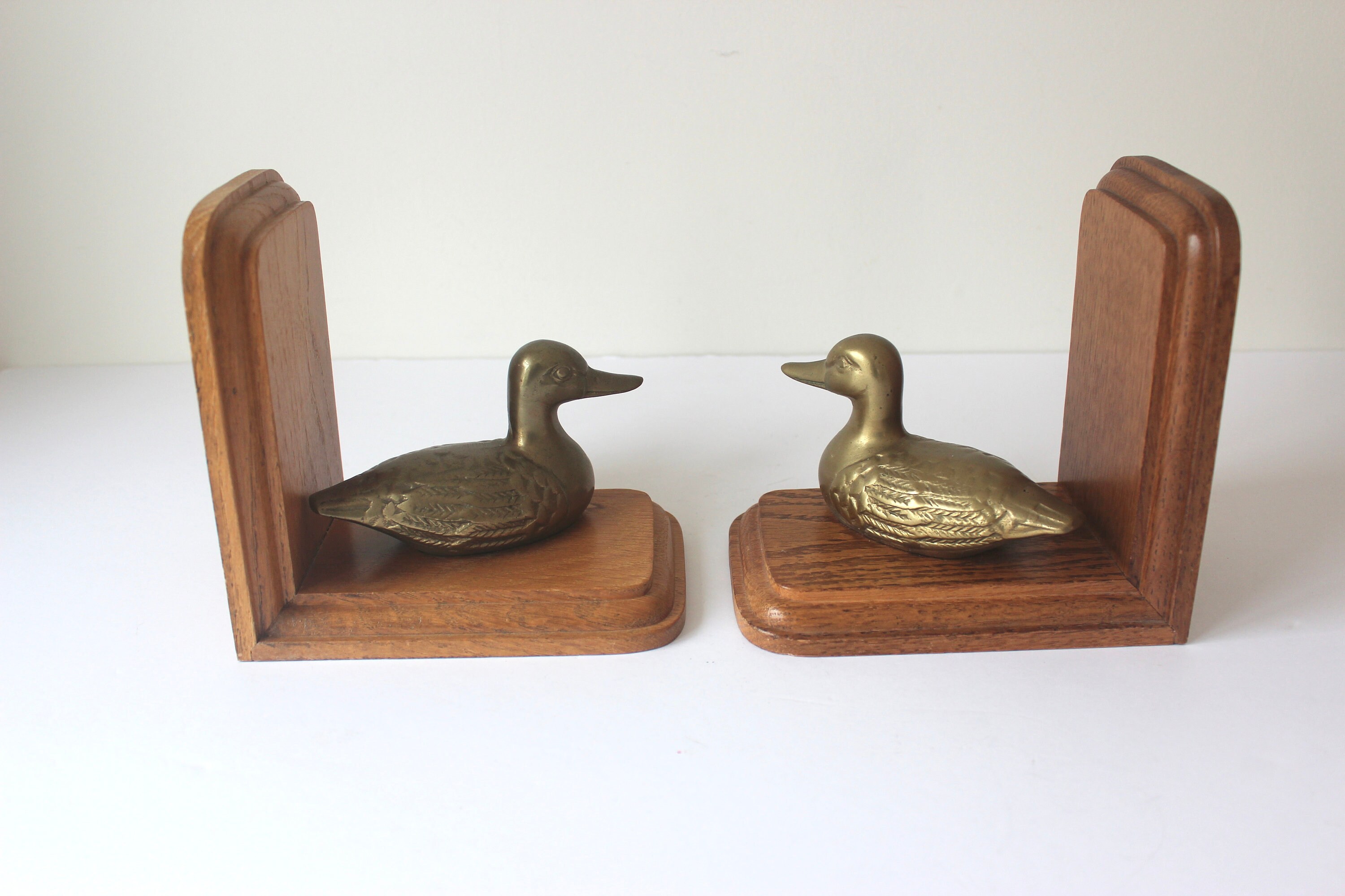 Vintage Heavy Brass Duck Head Bookends Pair, 1950s Duck Book Ends