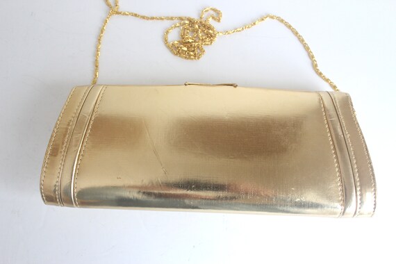 Vintage Gold Lamé and Rhinestone Clutch with Chai… - image 3