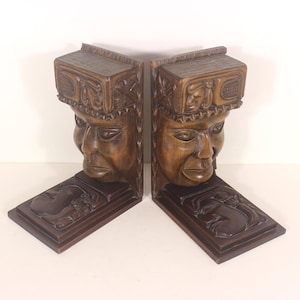Vintage Carved Wood Aztec Tiki Totem Bookends Sculpture Mexican or Hawaiian, Polynesian Pop Luau Decor Figurine Large a Pair