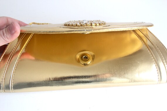 Vintage Gold Lamé and Rhinestone Clutch with Chai… - image 5