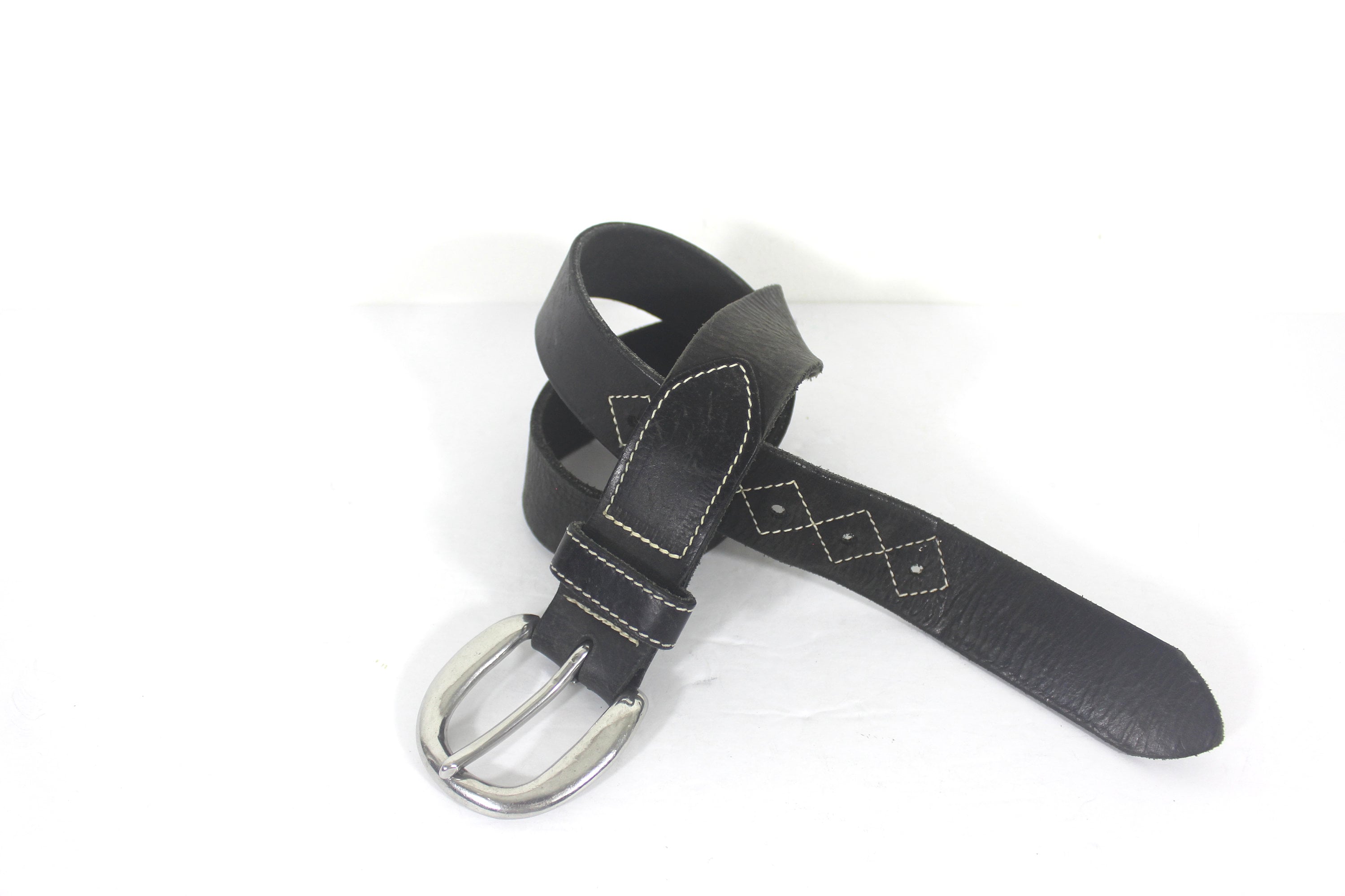 Vintage Thick Leather Monochromatic Topstitched Belt in Black Size 28 / Small 26”-31” Pierced Wide Black Leather Belt With Silver Buckle  main image 3