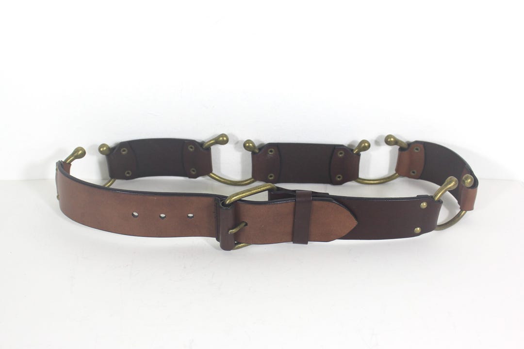Vintage LP Brown Woven Leather Wide Belt Brass Buckle Size S Vintage Brown Leather Woven Belt Solid Brass Buckle Unisex  main image 4