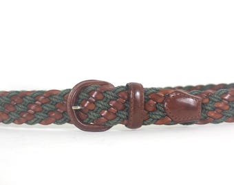Vintage Braided Cognac Brown Split Woven Leather and Green Cord Belt, Size Medium 34 Dark Tan Brown with Self Covered Leather Buckle