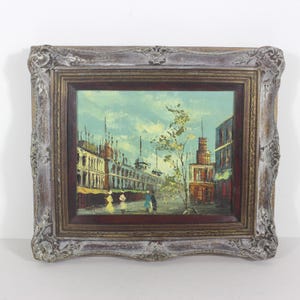 Vintage European City Scene Paris France Oil Painting, Framed, Small Original Art