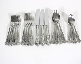 20 delar Vintage Kings Pattern av Worcester England 5-delat set i rostfritt stål, matchande MCM, skedar, gafflar, knivar och middagsskalspets
