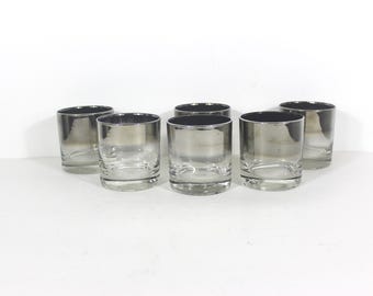 Set of 6 Silver Fade Rim Rocks Whiskey Vintage Glasses, Dorothy Thorpe Mid Century Modern Style Clear MCM, Barware, Six Cocktail