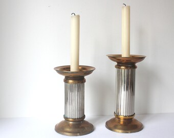 Pair of Two Toned Candleholders, Gold Silver, Set of Two Vintage Brass Candle Holders, Candle Sticks, Heavy Patina, 2 Candlesticks