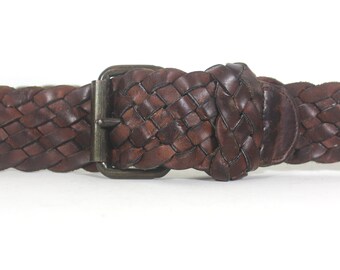 Vintage Large Buckle Brown Distressed Leather Woven Belt - Etsy display picture 2