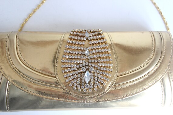 Vintage Gold Lamé and Rhinestone Clutch with Chai… - image 2