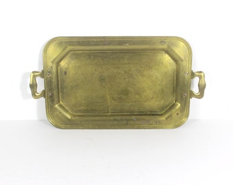 Vintage Brass Tray, Etched with Handles and Brass Dutch Windmill Sailboat and Milk Maiden Detail  Rectangle 16.5”