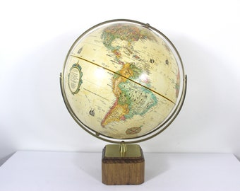 12” 1980’s Vintage Globe,  Replogle World Classic Series Neutral Colours Made in USA Paper Raised Topography Office Decor, Wood Base