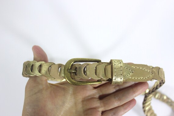 Vintage Metallic Gold Sueded Leather Belt with Br… - image 4