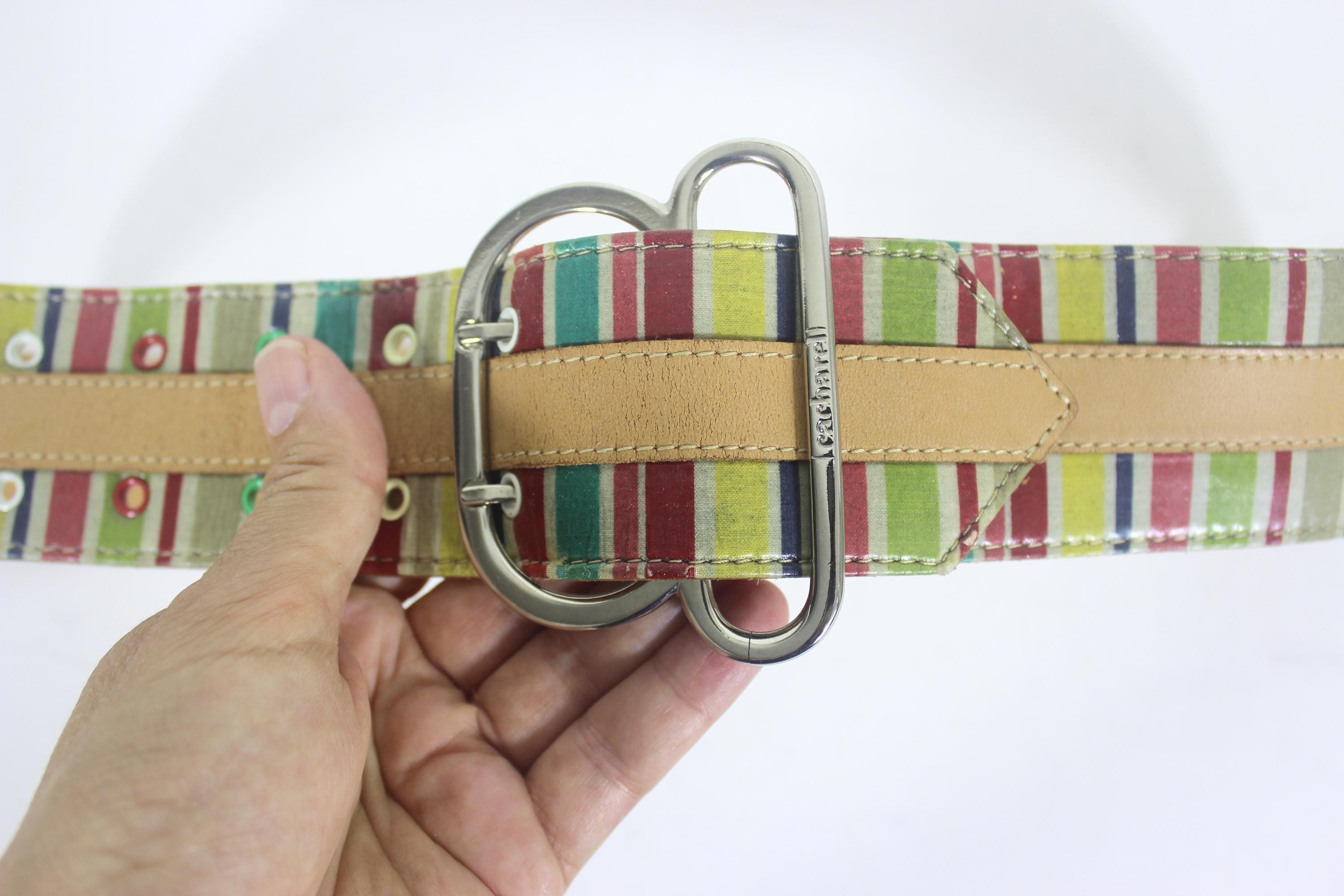 30”-34” Vintage CACHAREL Made in France Leather Belt Striped  display picture 3
