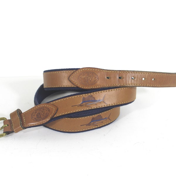 43”-47” Men’s Leather and Webbing Fishing Belt with Brass Buckle Swordfish, Fisherman Gift For Dad, Father’s Day Casual Summer