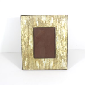 Vintage Rectangular Golden Iridescent Capiz Shell Picture Frame 5x7 with Brass Trim Large, Heavy Easel Table Top photograph Wedding Portrait