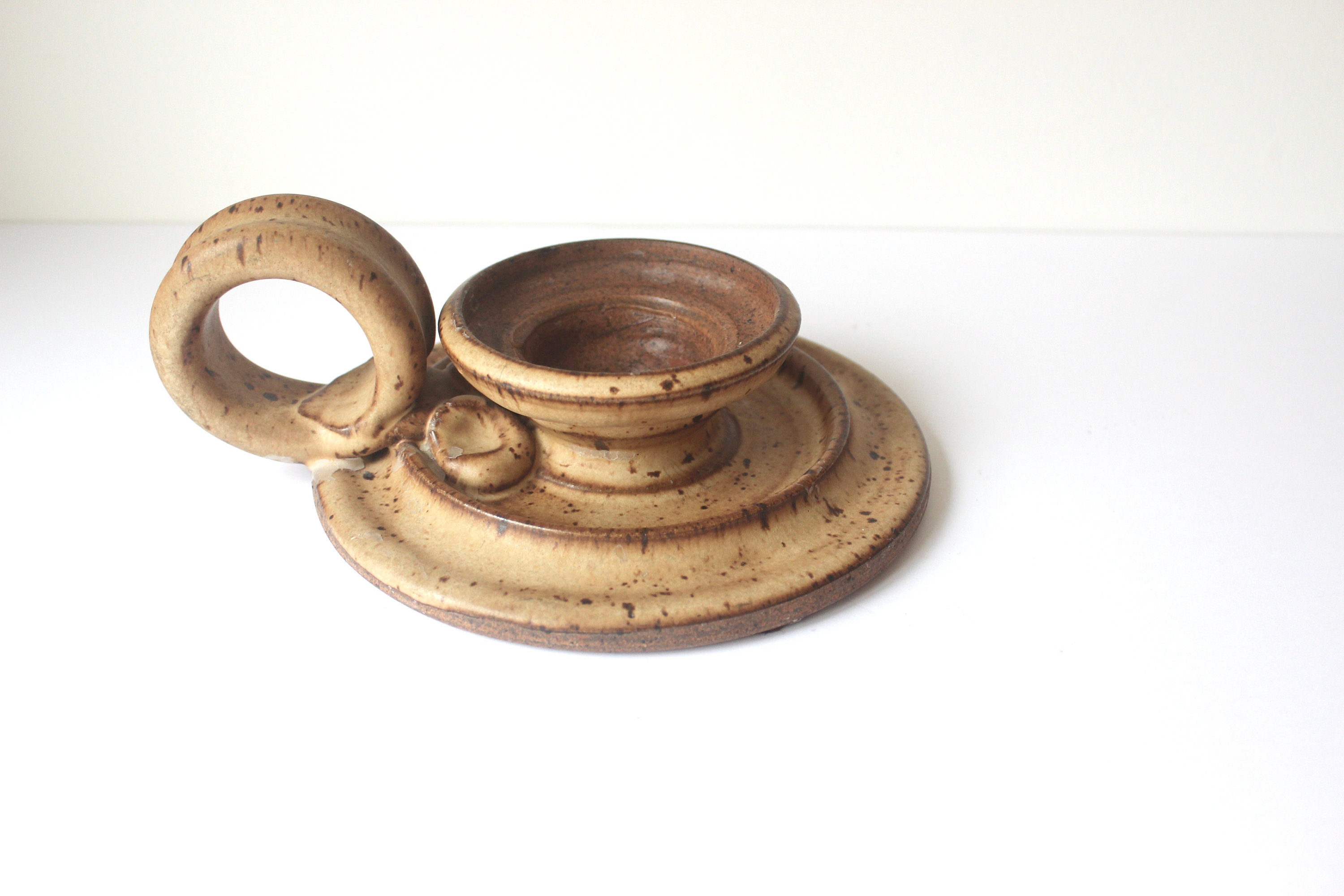 Seventies Folk Art Stoneware Candleholder Vintage Handmade