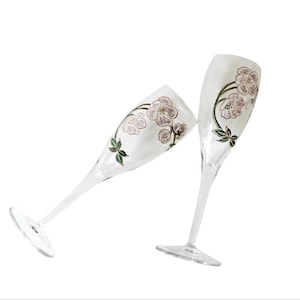 Two Vintage Perrier Jouet Painted Champagne Glasses, Pair of Flutes, French Glasses, Pink White Gold, Celebrate Toasting, Couple Wedding Two