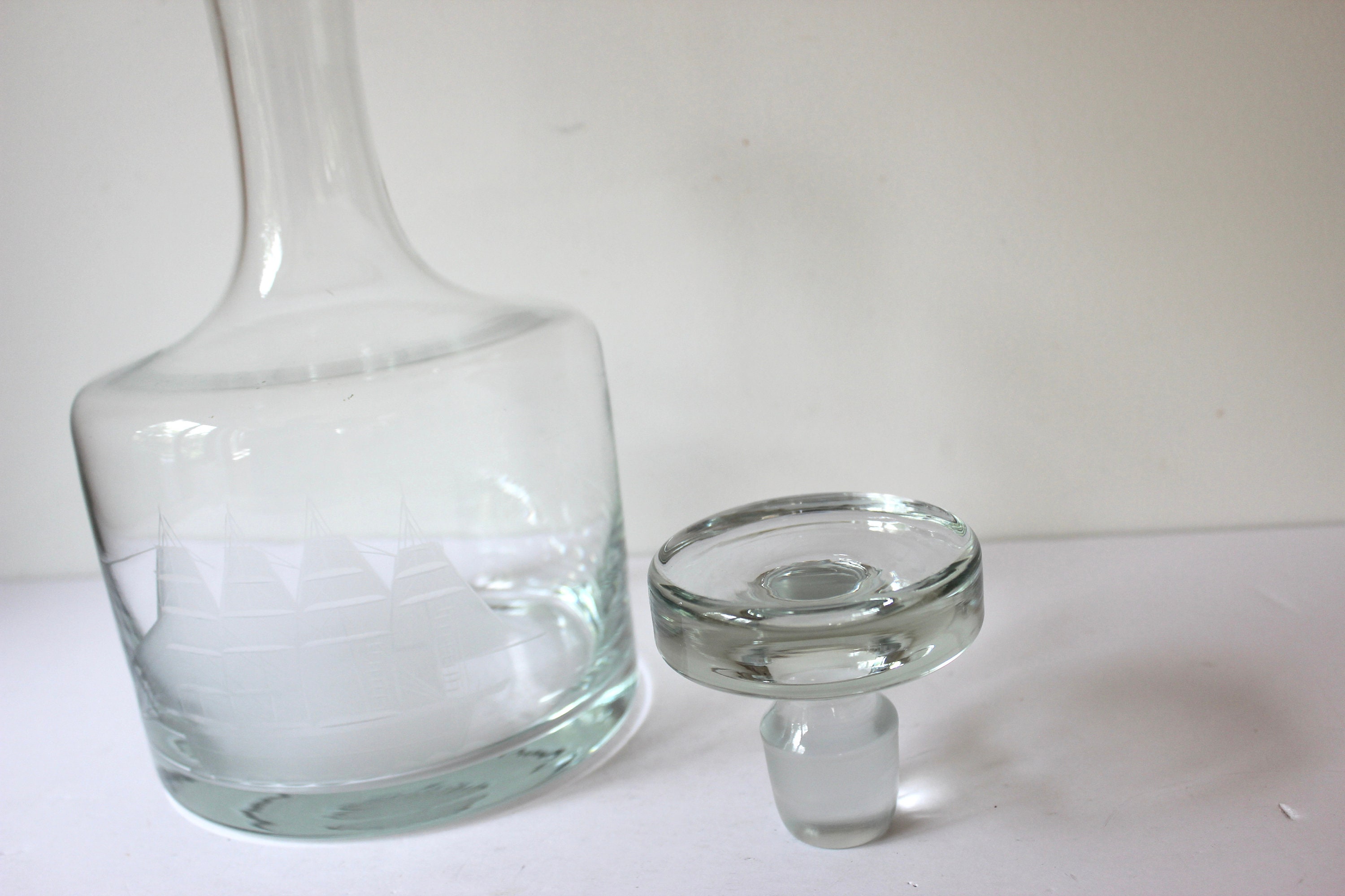 Vintage Glass Decanter Etched Ship Clipper Sailboat With Etsy
