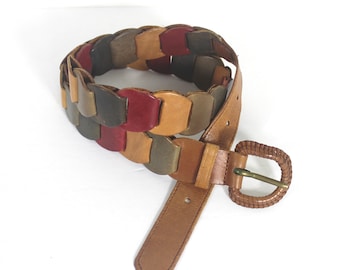 Vintage Seventies Style Multicolour Leather Link Belt Faded Colours Red Tan Green Blue Woven